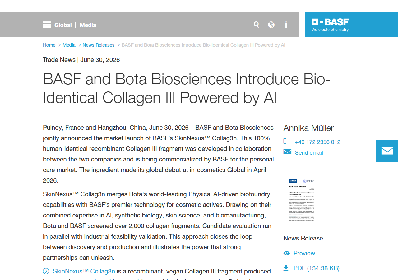 BASF and Bota Biosciences official press release announcing SkinNexus Collag3n