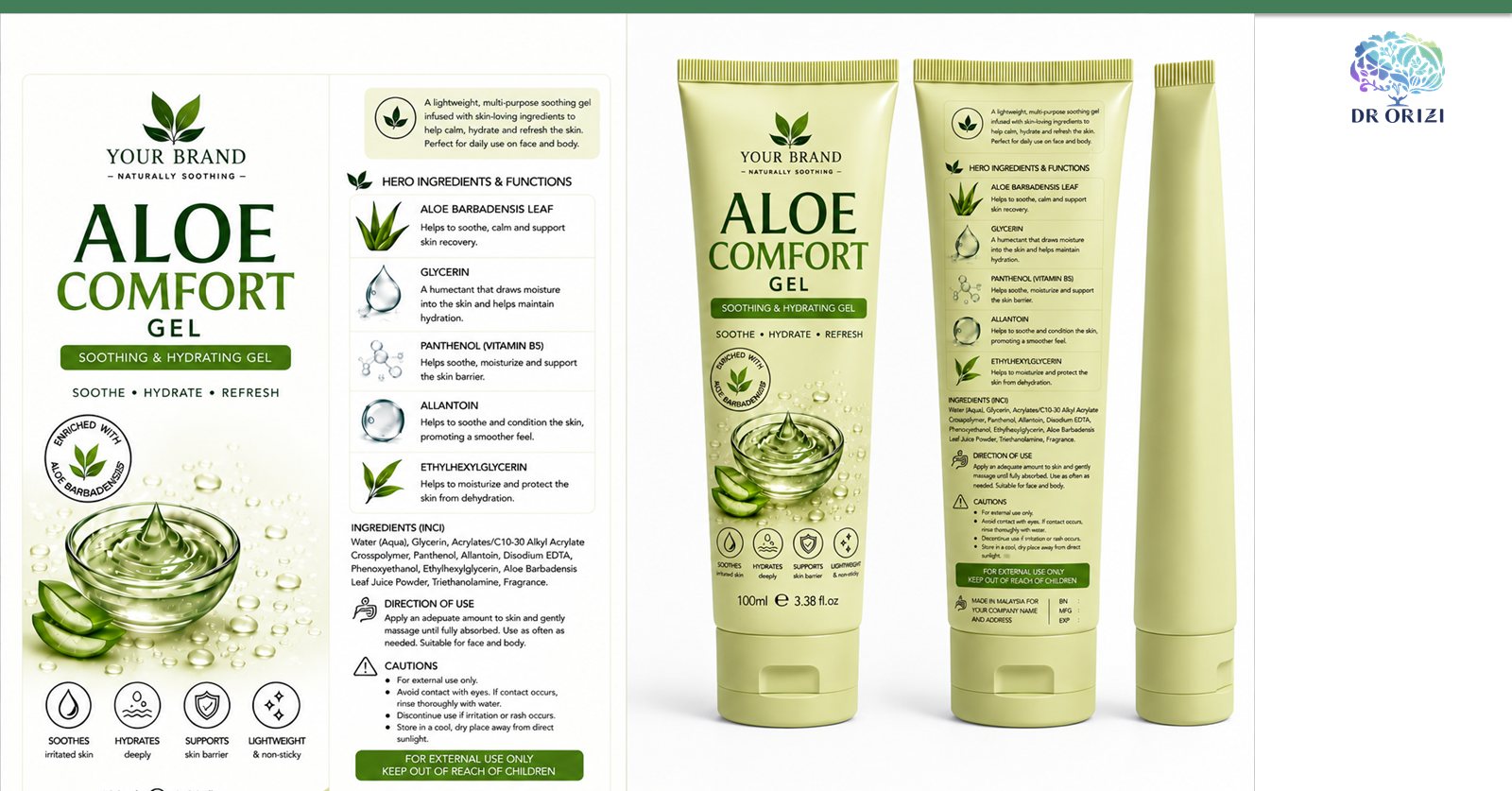 Aloe Comfort Gel 100ml - pharmacy private label mock-up, ORIZI Group Malaysia