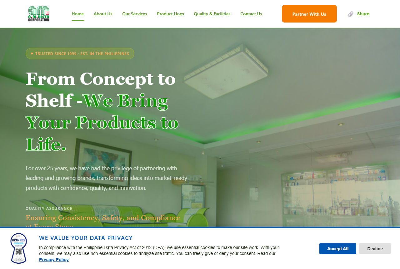 A.M. Rieta Corporation homepage, Philippine cosmetic ODM manufacturer