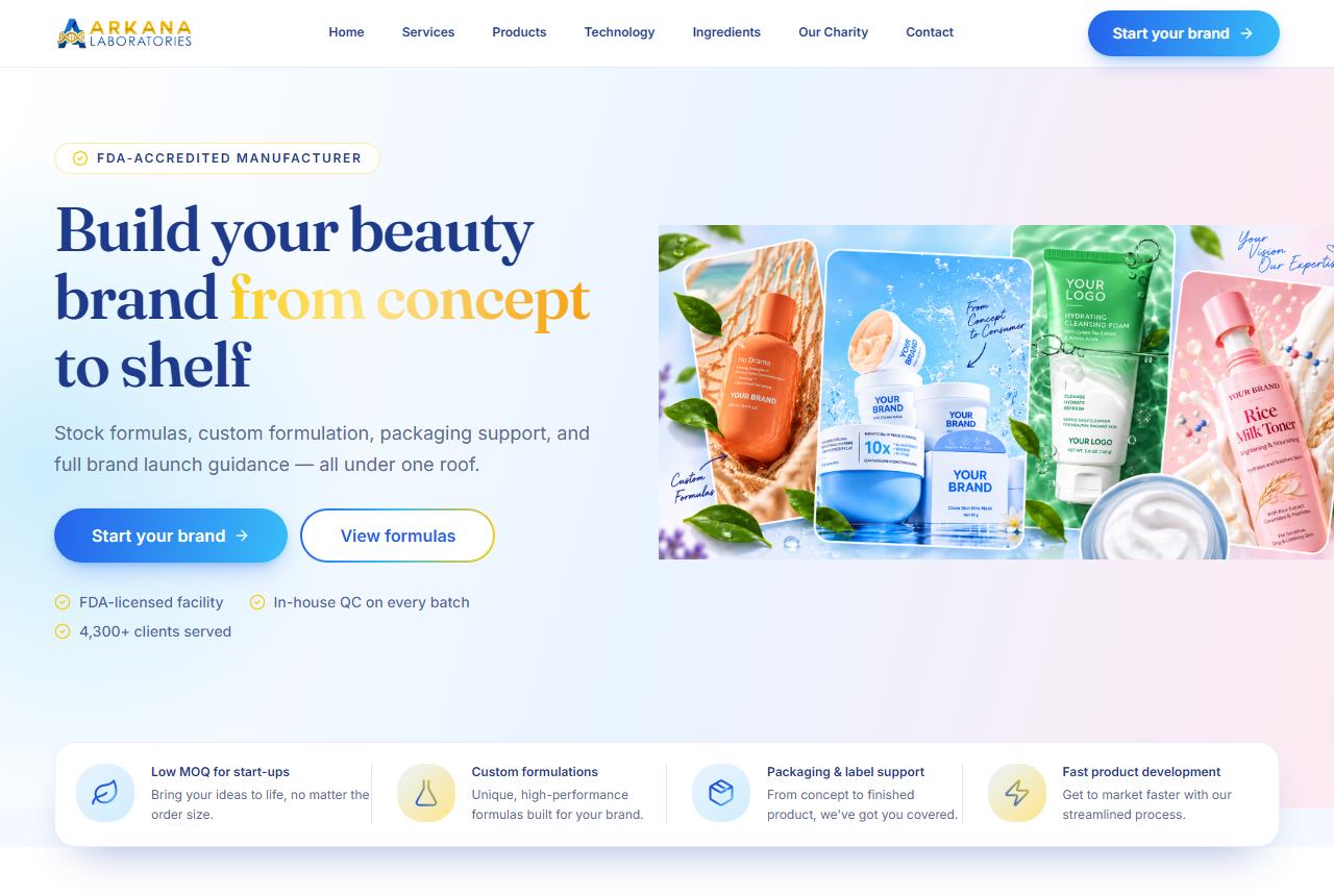 Arkana Laboratories homepage, Philippine private label cosmetics manufacturer
