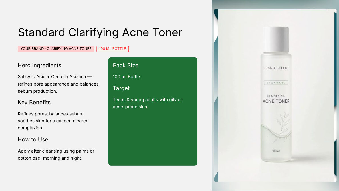 Clarifying Acne Toner 100ml - private label OEM concept for the Malaysian koperasi market, ORIZI Group