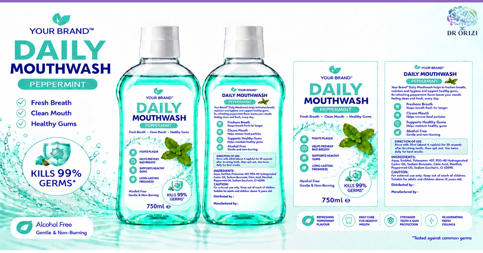Daily Mouthwash 750ml - pharmacy private label mock-up, ORIZI Group Malaysia