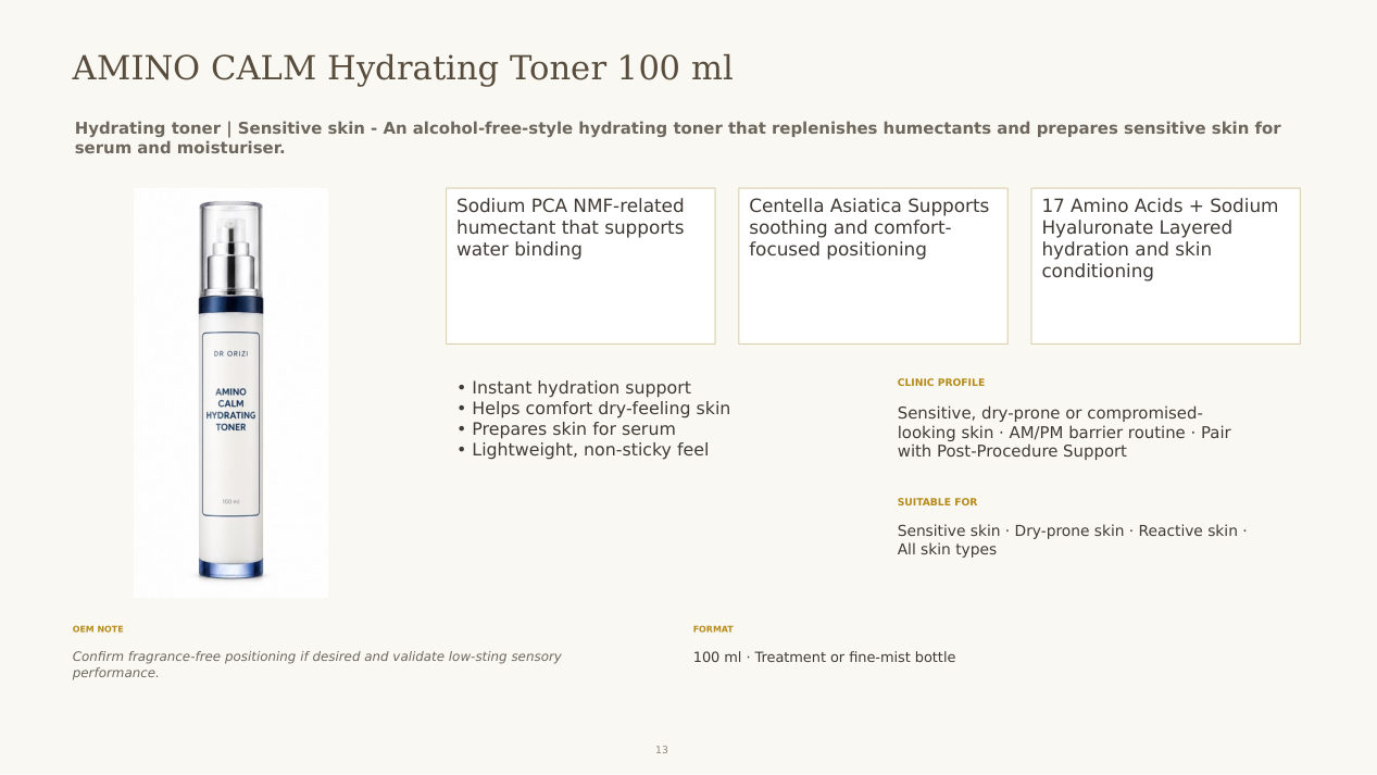 Barrier Therapy Amino Calm Hydrating Toner 100ml - dermatology and aesthetic OEM formula sheet, ORIZI Group Malaysia