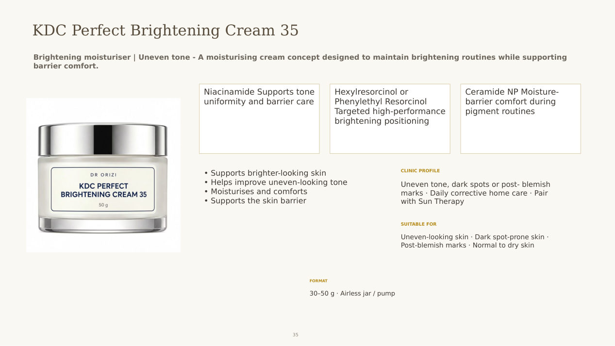 KDC Perfect Brightening Cream - dermatology and aesthetic OEM formula sheet, ORIZI Group Malaysia