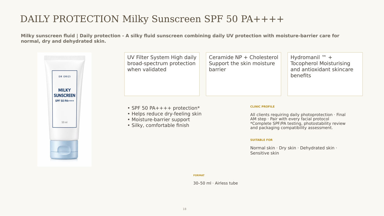 Sun Therapy Milky Sunscreen SPF 50 PA++++ - dermatology and aesthetic OEM formula sheet, ORIZI Group Malaysia