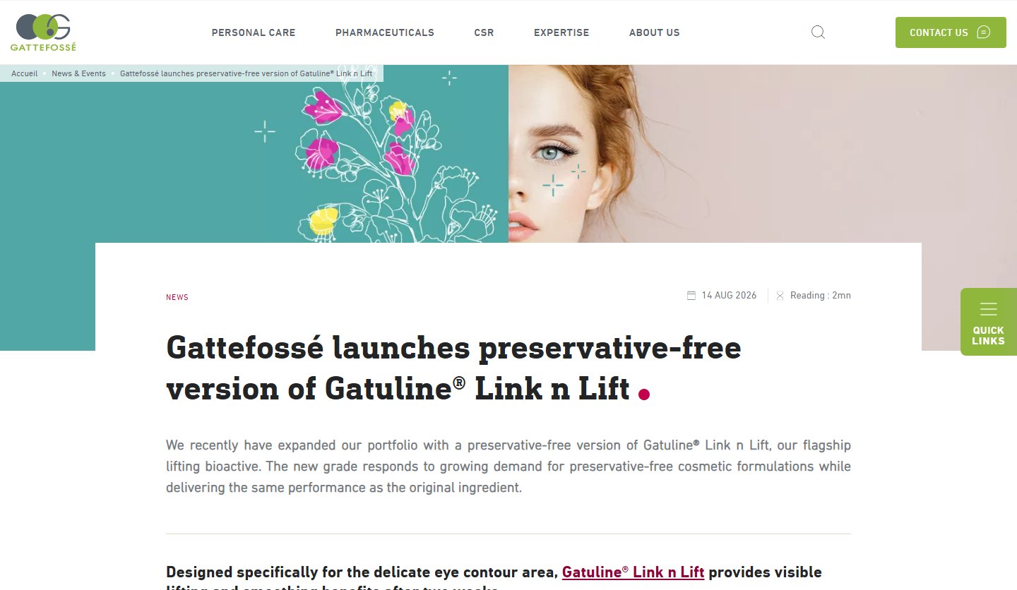 Gattefoss&eacute;&rsquo;s official announcement page for the preservative-free version of Gatuline Link n Lift, dated 14 August 2026
