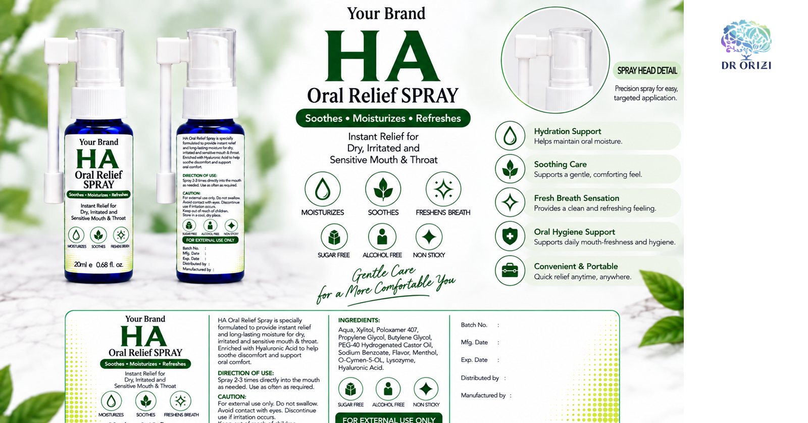 HA Oral Relief Spray 20ml - pharmacy private label mock-up, ORIZI Group Malaysia