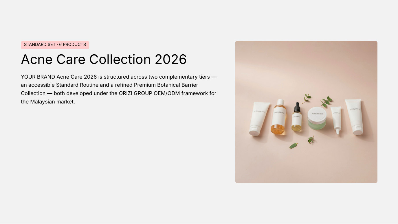 Acne Care collection, six-product private-label routine for the Malaysian market - ORIZI Group