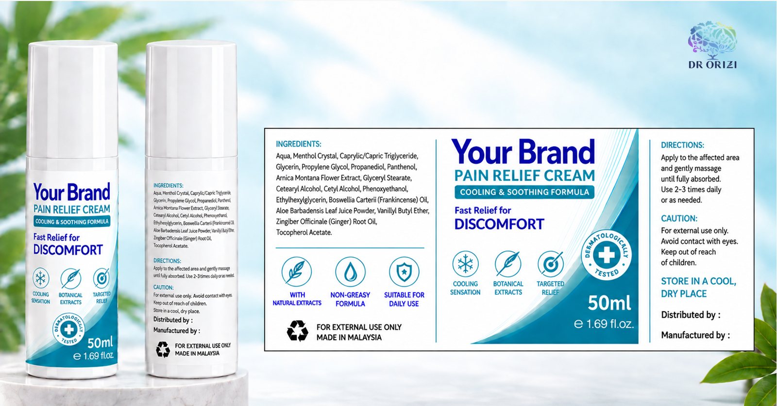 Pain Relief Cream 50ml - pharmacy private label mock-up, ORIZI Group Malaysia