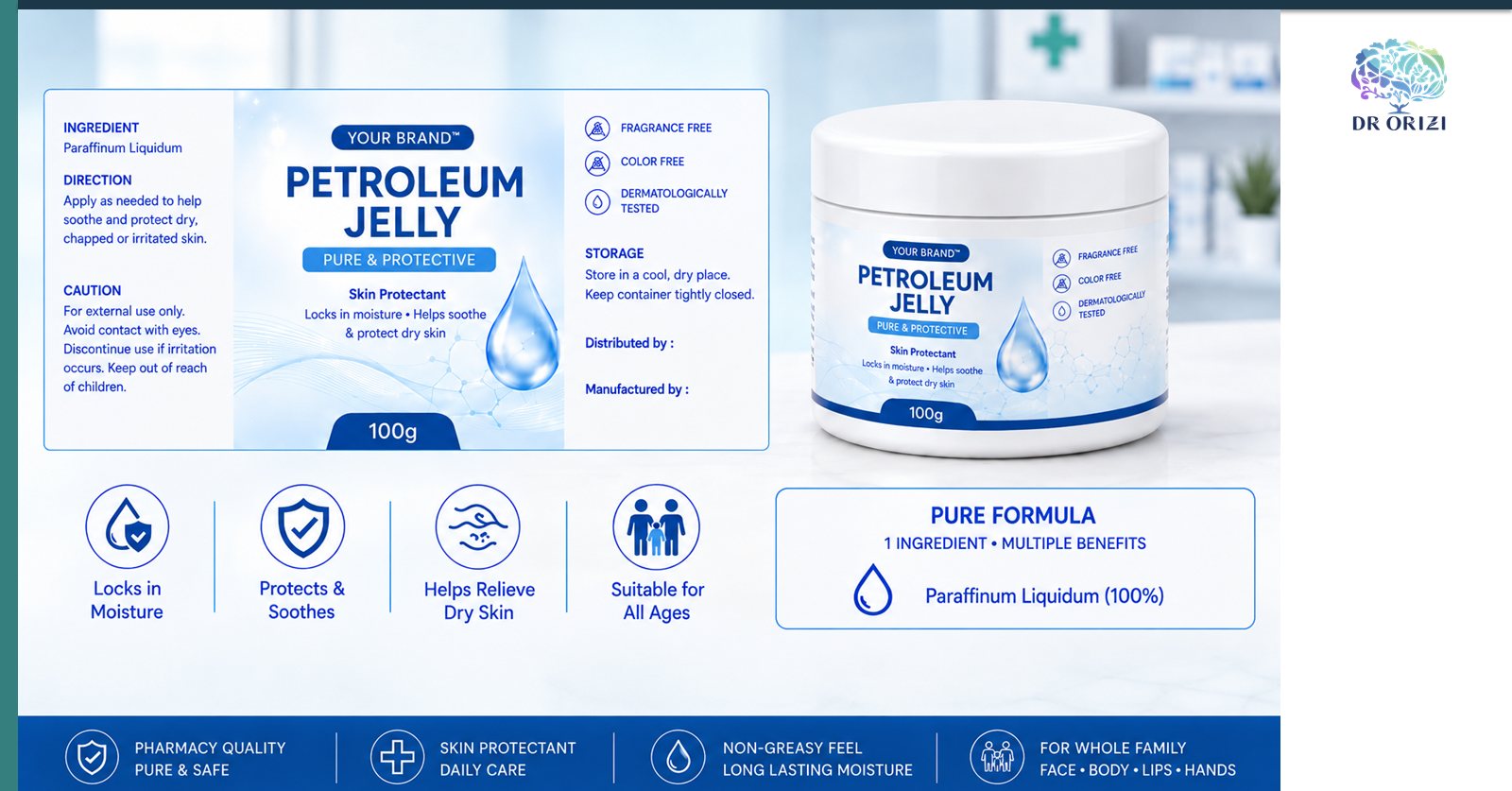 Petroleum Jelly 100g - pharmacy private label mock-up, ORIZI Group Malaysia