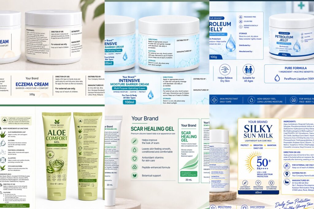 Pharmacy private label products 2026: eczema cream, scar gel, petroleum jelly, sun milk, pain relief cream - ORIZI Group Malaysia
