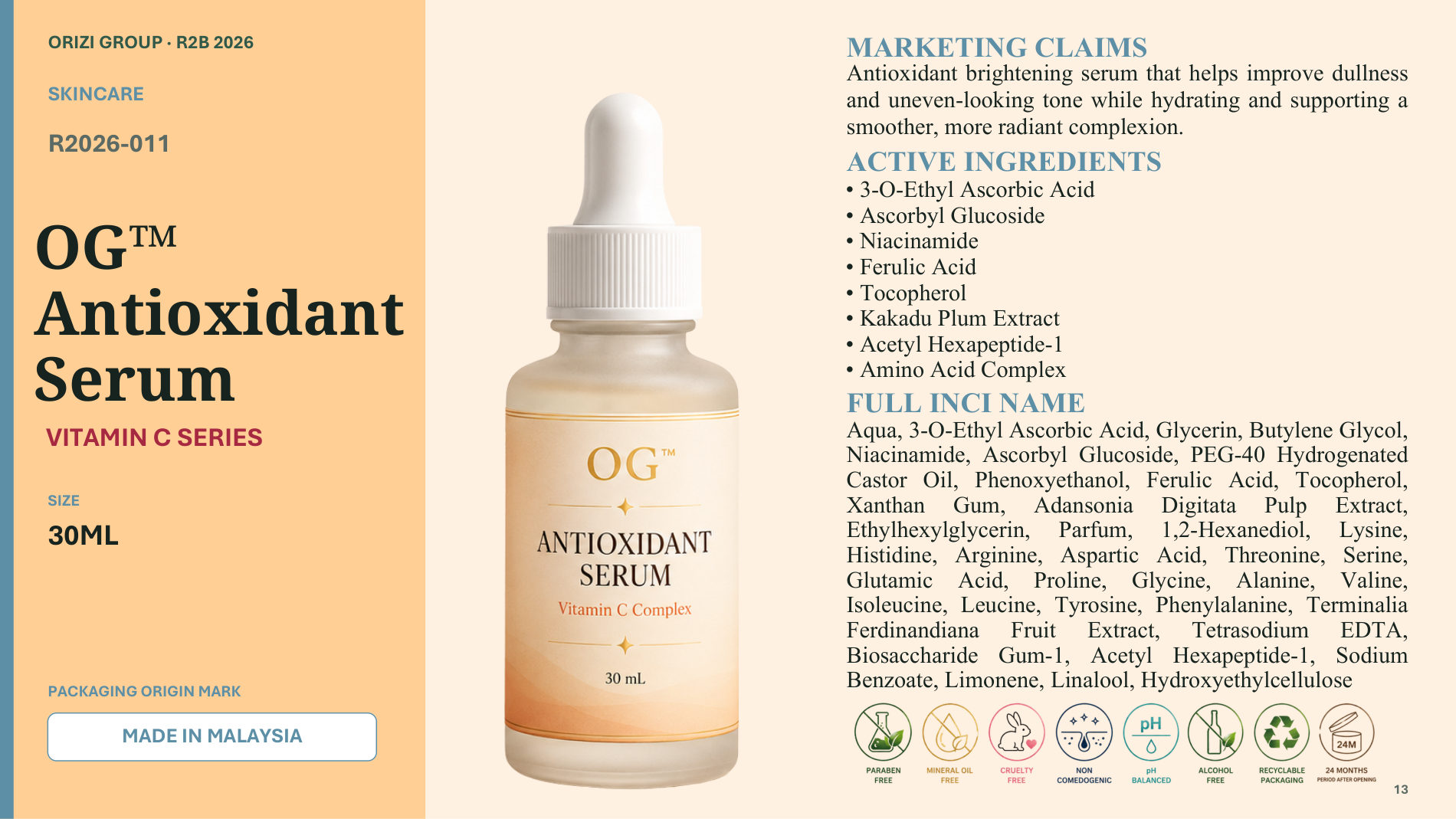 Antioxidant Serum 30ml - R2B ready-to-brand product sheet, ORIZI Group Malaysia
