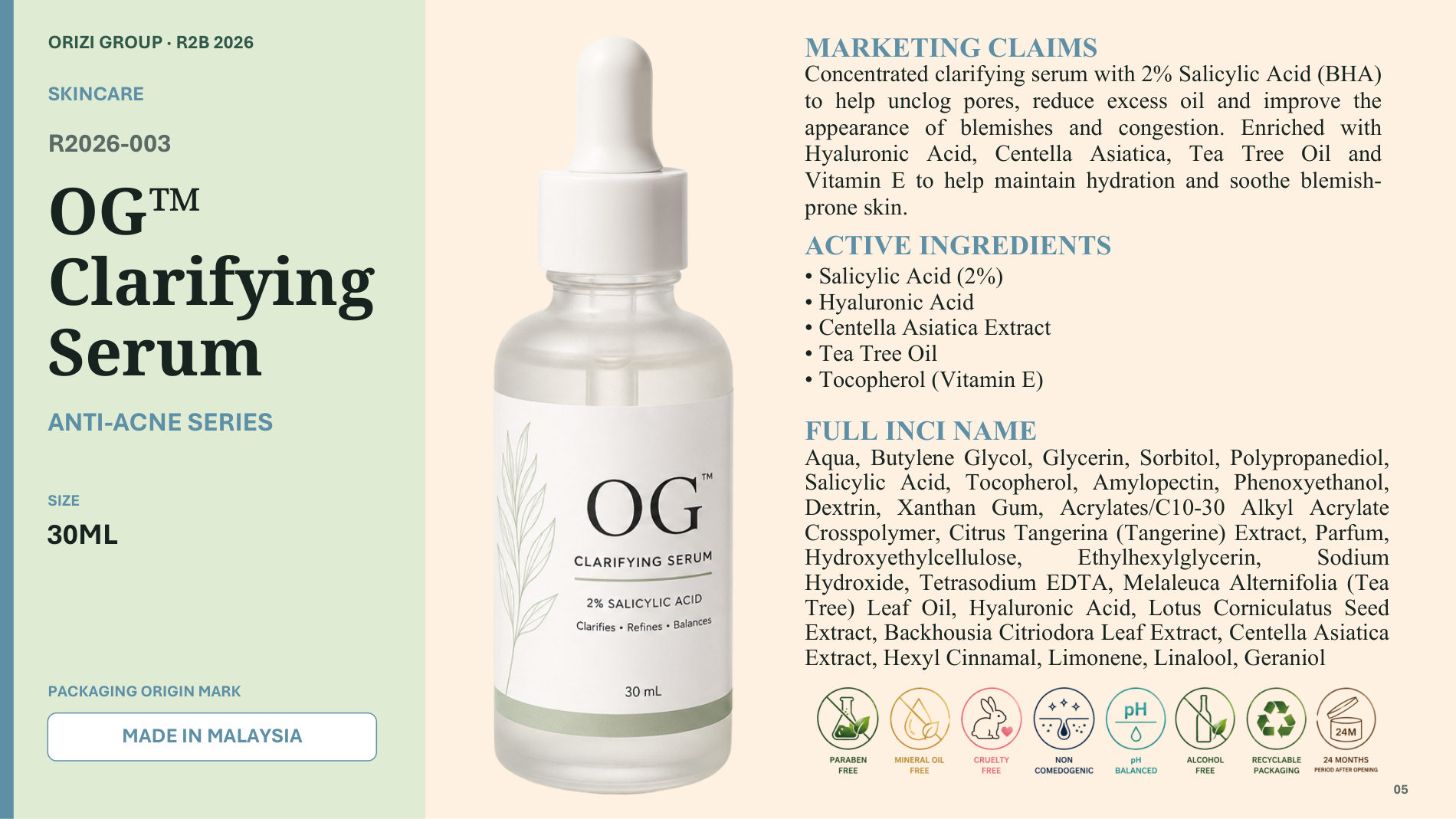 Clarifying Serum 30ml - R2B ready-to-brand product sheet, ORIZI Group Malaysia