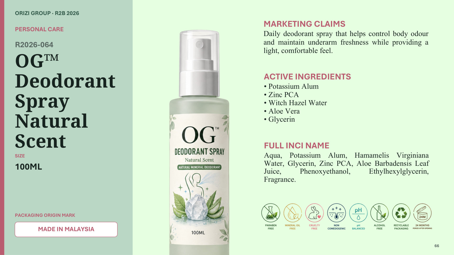 Deodorant Spray Natural Scent 100ml - R2B ready-to-brand product sheet, ORIZI Group Malaysia