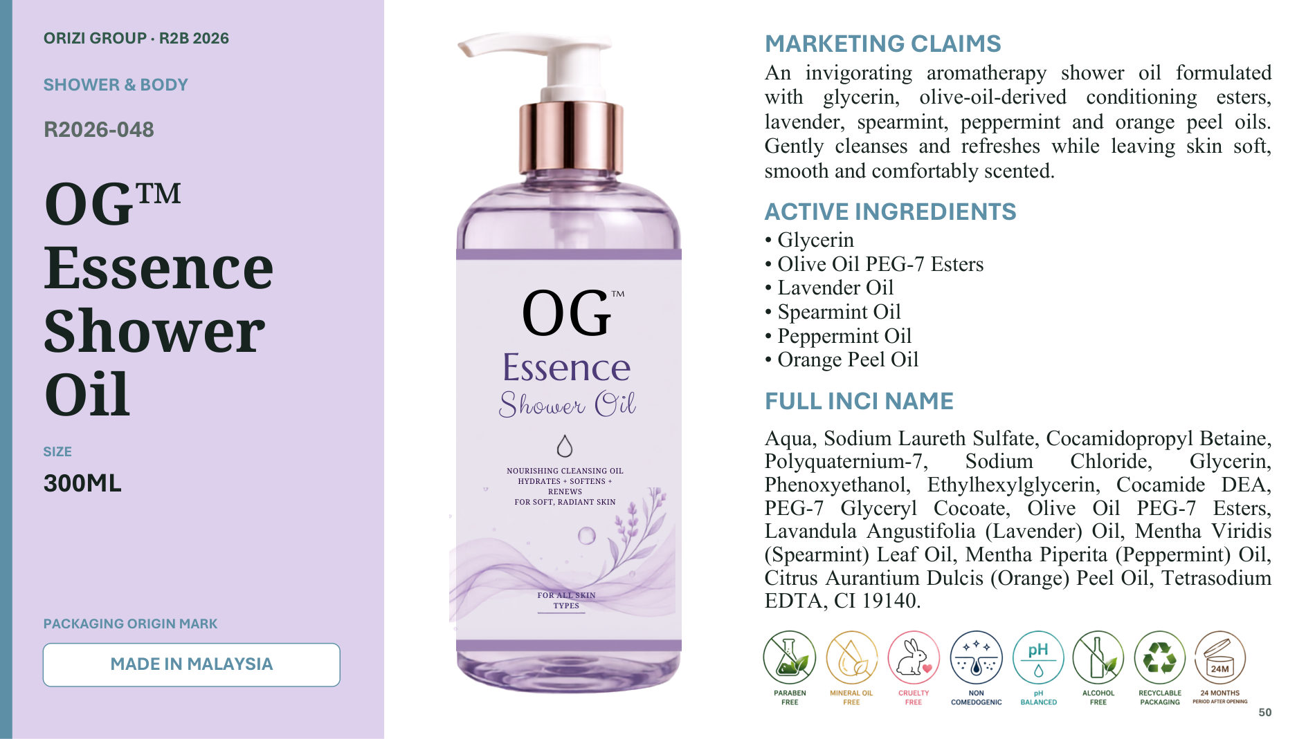 Essence Shower Oil 300ml - R2B ready-to-brand product sheet, ORIZI Group Malaysia