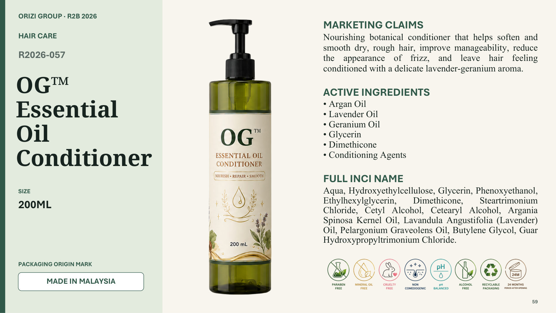 Essential Oil Conditioner 200ml - R2B ready-to-brand product sheet, ORIZI Group Malaysia