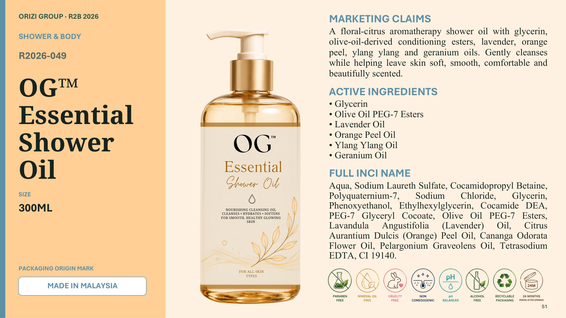 Essential Shower Oil 300ml - R2B ready-to-brand product sheet, ORIZI Group Malaysia