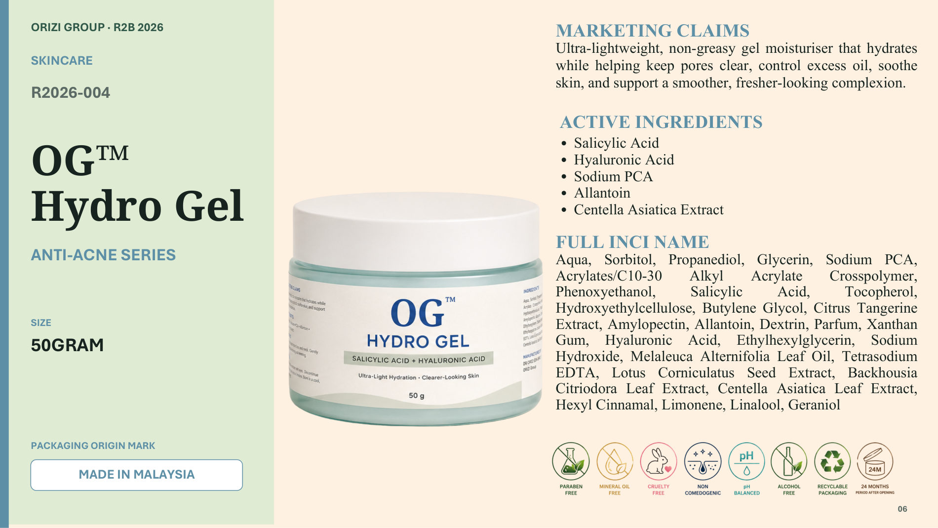 Hydro Gel 50g - R2B ready-to-brand product sheet, ORIZI Group Malaysia