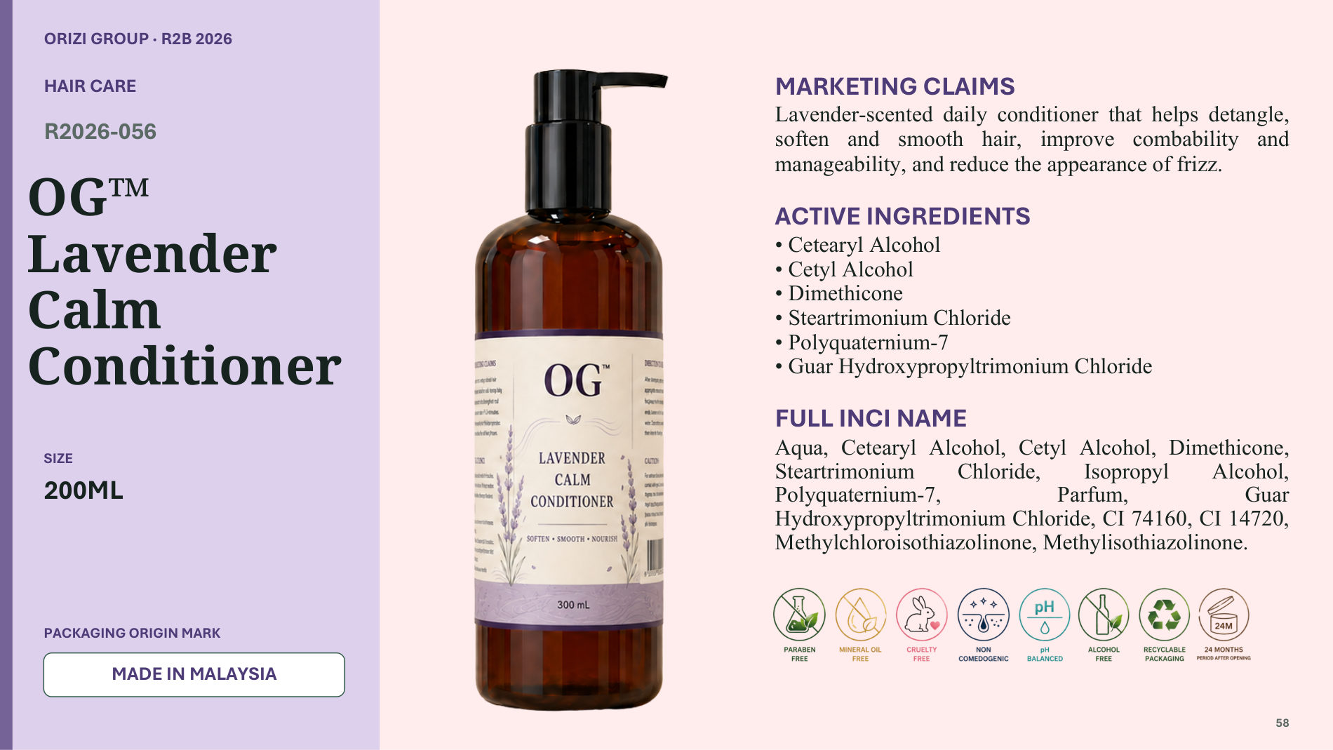 Lavender Calm Conditioner 200ml - R2B ready-to-brand product sheet, ORIZI Group Malaysia