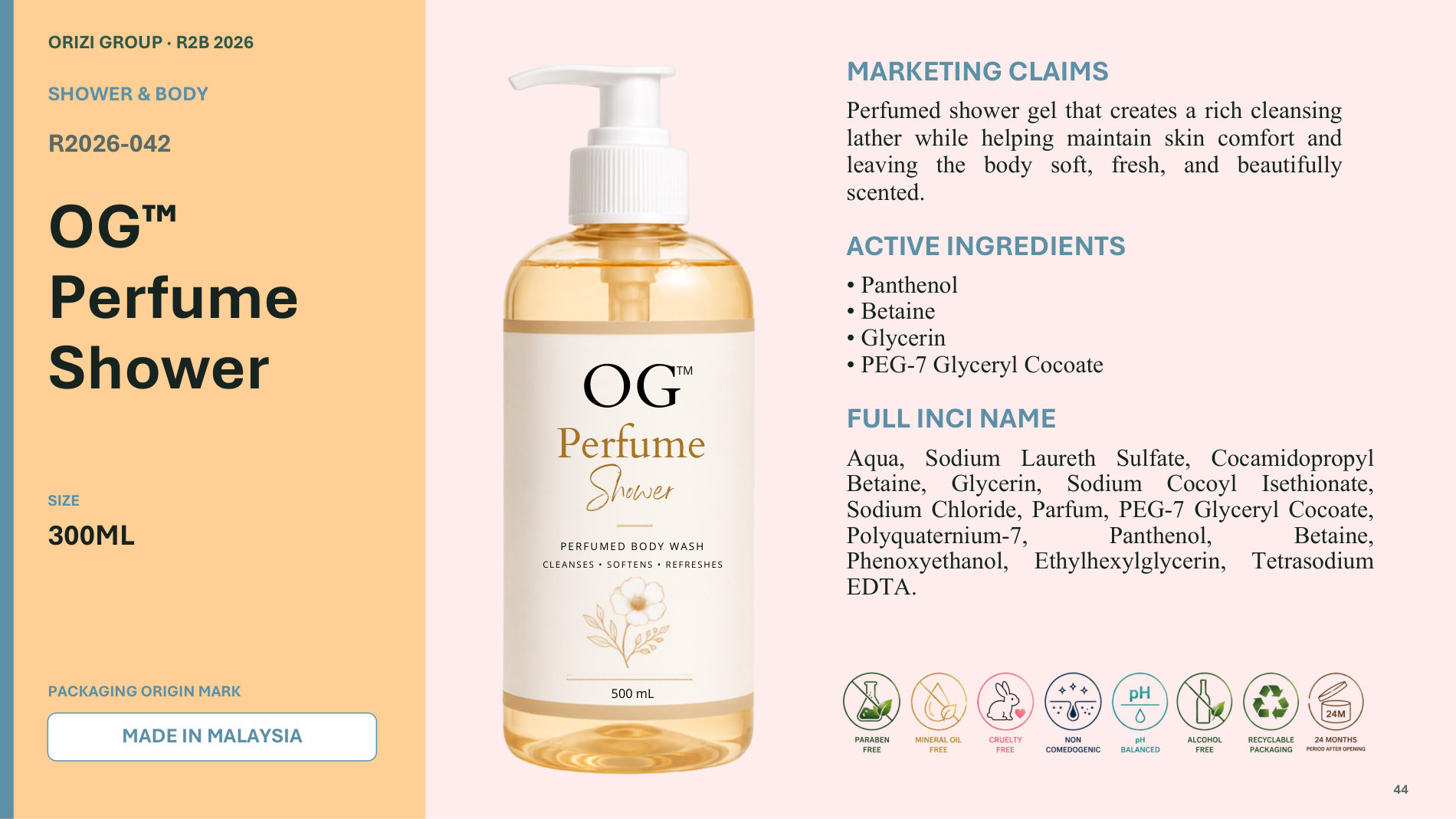 Perfume Shower 300ml - R2B ready-to-brand product sheet, ORIZI Group Malaysia