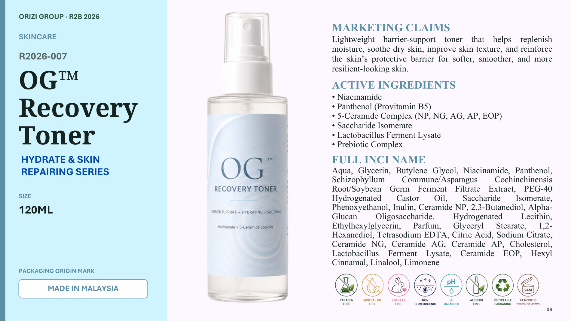 Recovery Toner 120ml - R2B ready-to-brand product sheet, ORIZI Group Malaysia