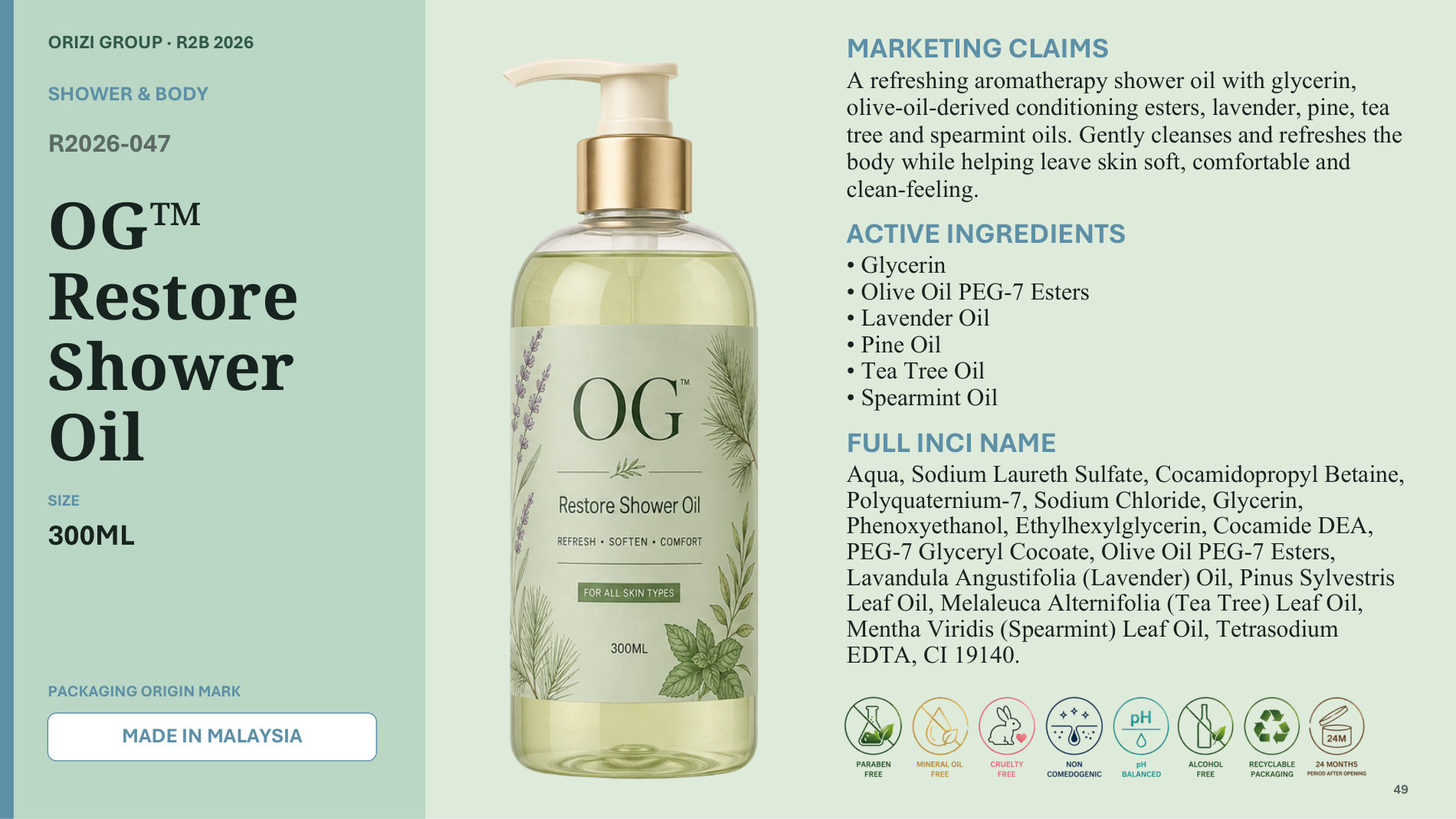 Restore Shower Oil 300ml - R2B ready-to-brand product sheet, ORIZI Group Malaysia