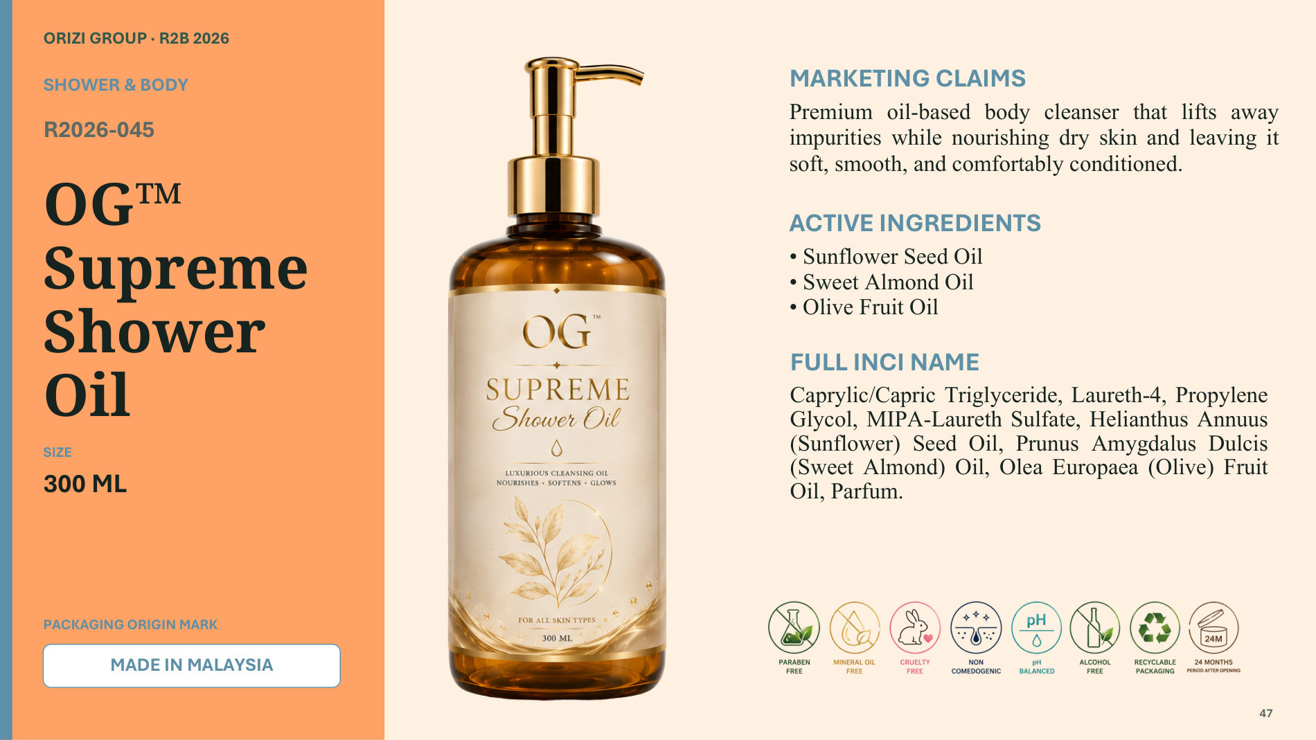 Supreme Shower Oil 300ml - R2B ready-to-brand product sheet, ORIZI Group Malaysia