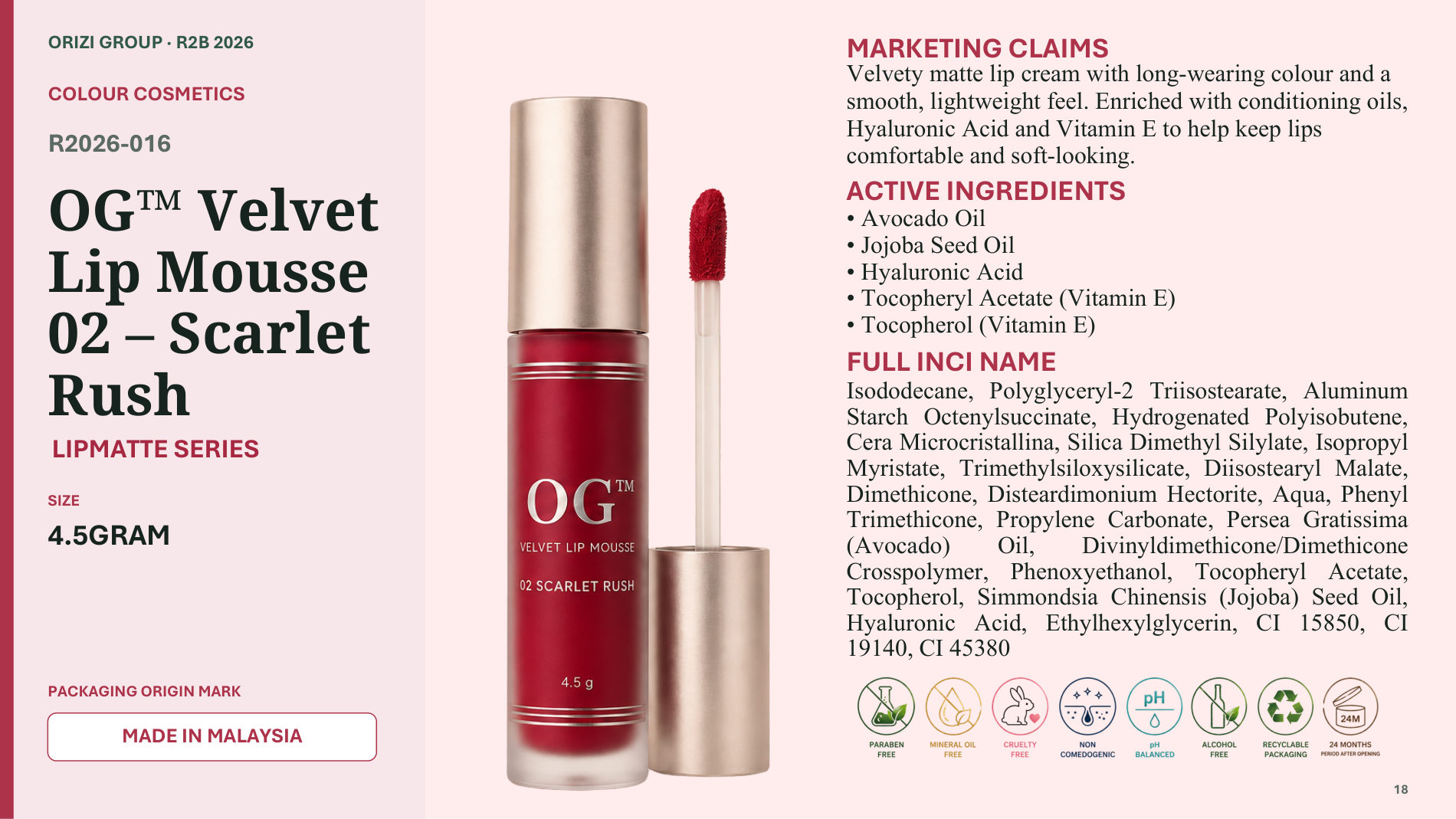Velvet Lip Mousse 02 – Scarlet Rush 4.5g - R2B ready-to-brand product sheet, ORIZI Group Malaysia
