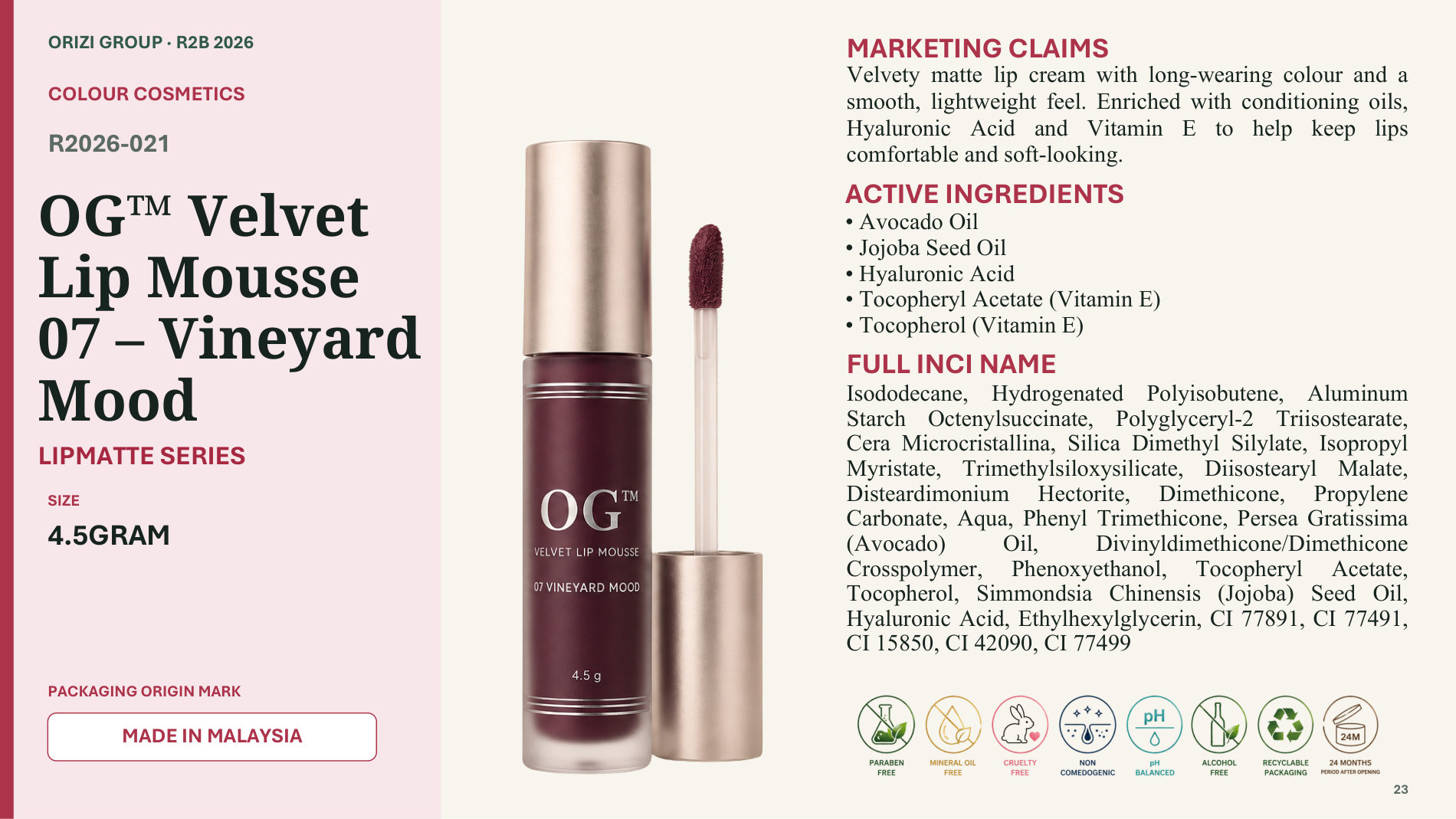 Velvet Lip Mousse 07 – Vineyard Mood 4.5g - R2B ready-to-brand product sheet, ORIZI Group Malaysia