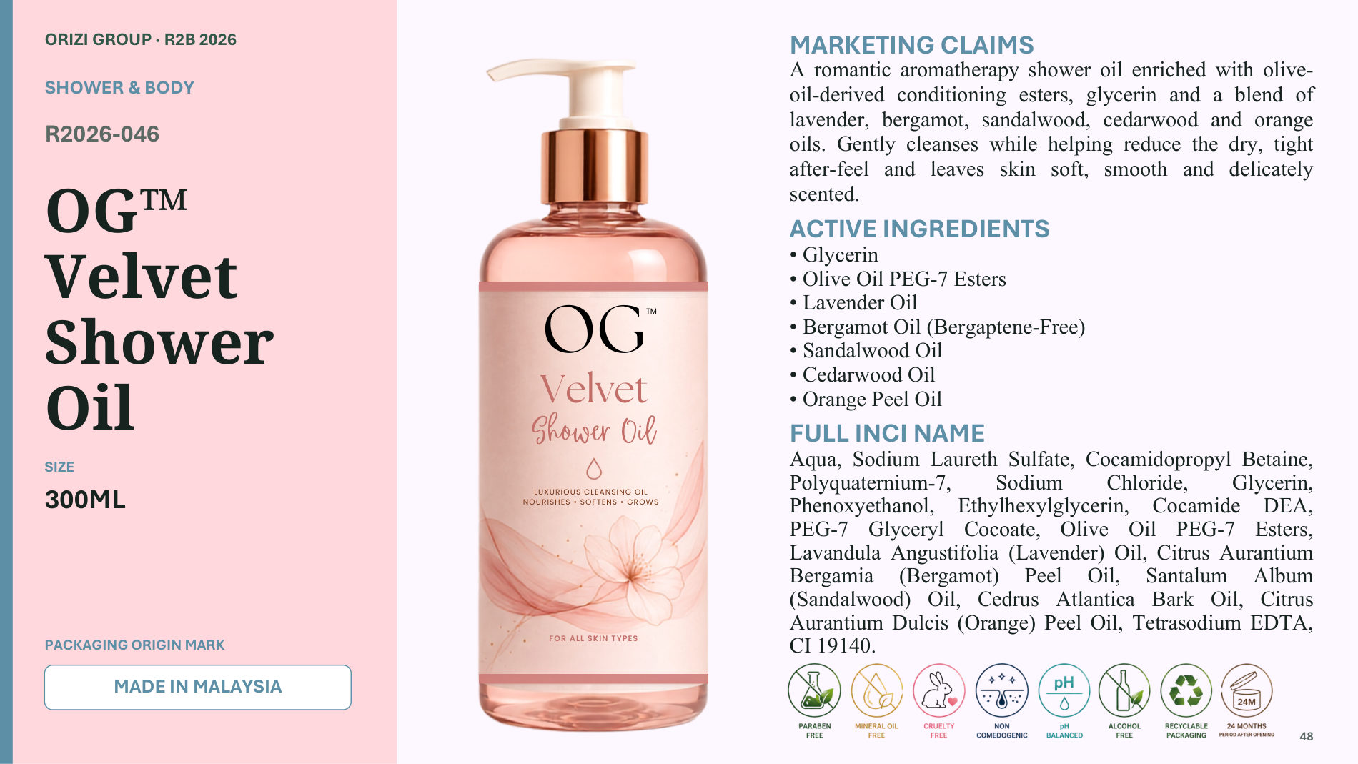 Velvet Shower Oil 300ml - R2B ready-to-brand product sheet, ORIZI Group Malaysia