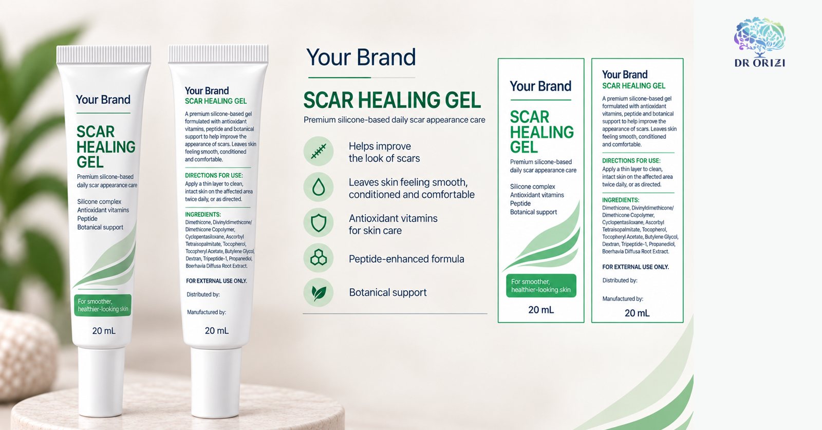 Scar Healing Gel 20ml - pharmacy private label mock-up, ORIZI Group Malaysia