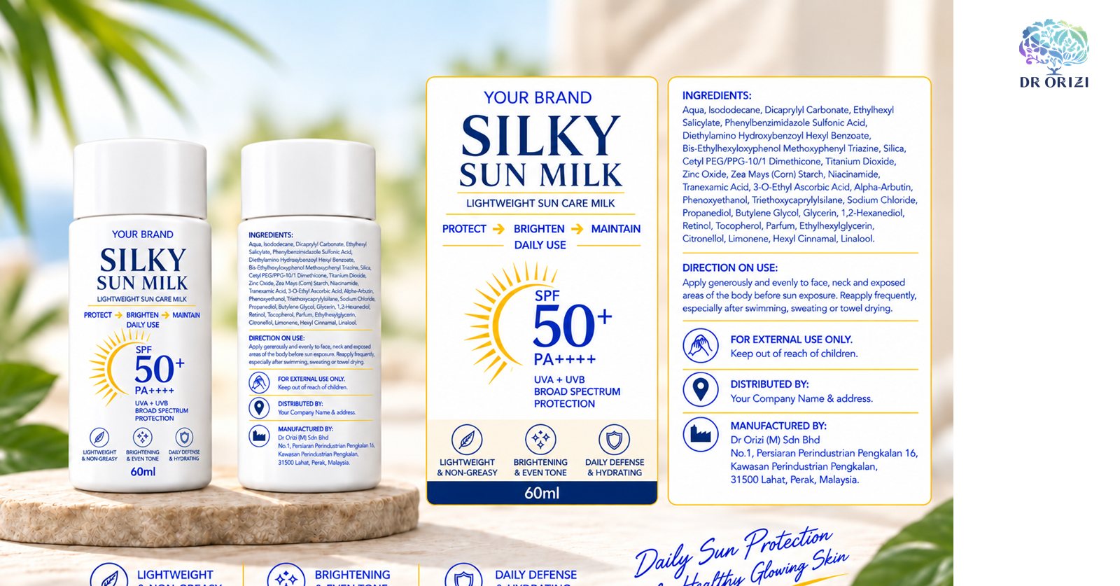 Silky Sun Milk SPF50+ PA++++ 60ml - pharmacy private label mock-up, ORIZI Group Malaysia
